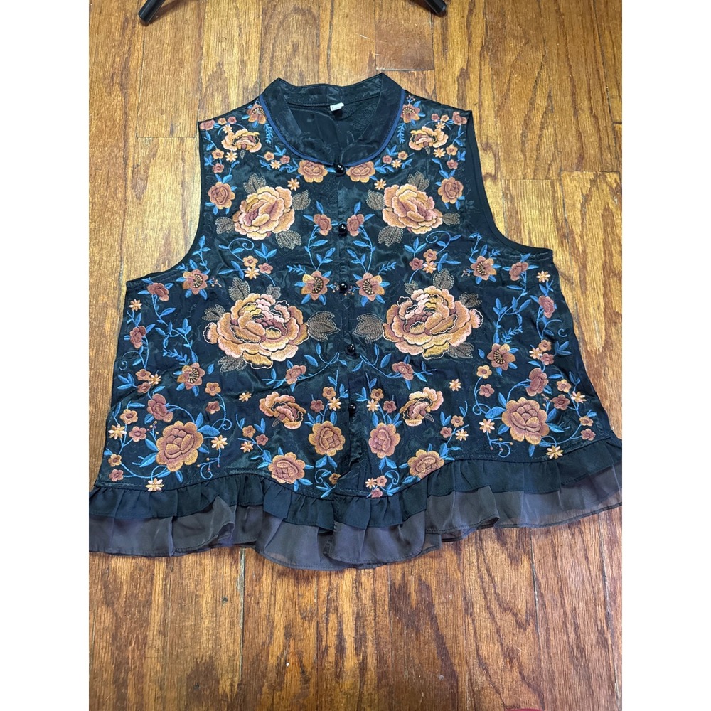 Vintage Chinese Style Embroidered Floral Black Ruffle Hem XL Womens